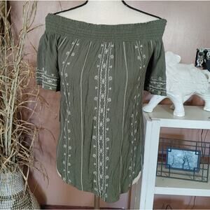 Knox Rose Size Extra Small XS Green Off Shoulder Embroidered Stretchy Blouse Top